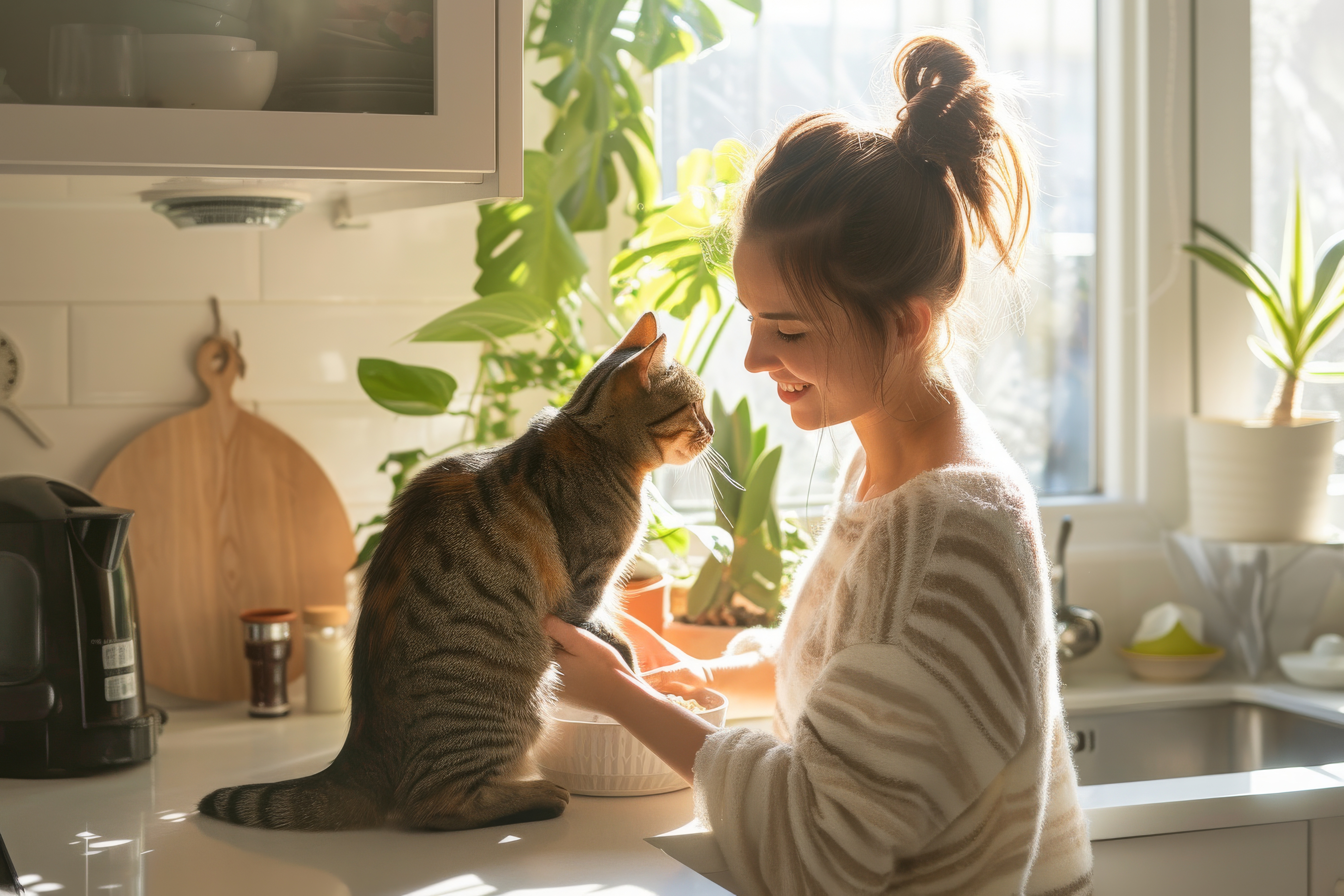 Eine junge Frau streichelt liebevoll ihre Katze. 